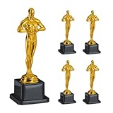 Relaxdays Set de 5 Trofeos, Réplicas Premio Cine, Estatuilla con Laurel, Galardón Hollywood, Idea de Regalo, Dorado, 18.5 x 6.5 x 6.5 cm