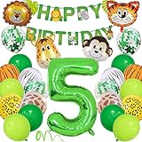 5 Años Decoracion Cumpleaños, Selva Fiesta Cumpleaños Decorar con Globos Animales Safari Happy Birthday Banner 40'' 5 Globo para Wild One Infantil Niño Suministros de Primer Cumpleaños
