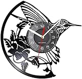 Disco de Vinilo Relojes de Pared Ruiseñor y Flor Reloj de Pared Decorativo Rosa Pájaro Planta Animal Disco de Vinilo Reloj de Pared Tallado Registro Retro Obra de Arte Reloj Regalos